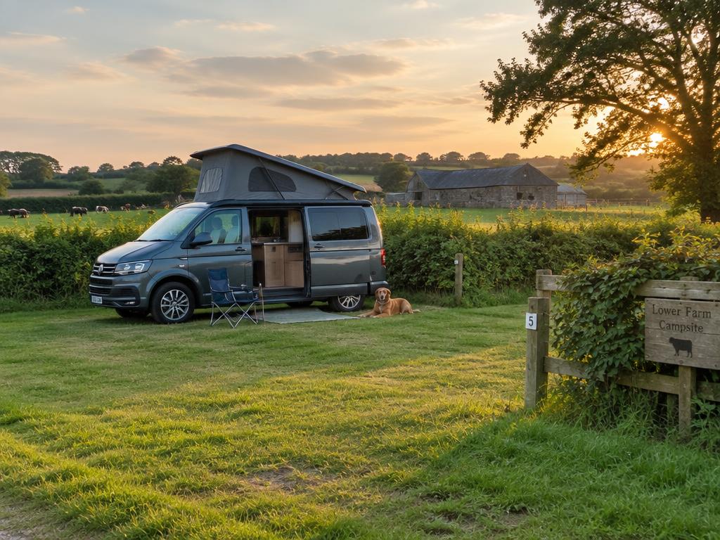 Campervan beside a farm hedgerow