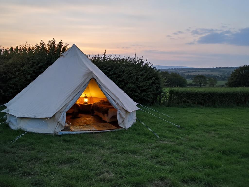 Canvas tent pitched in a grass field